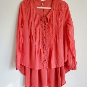Free People Button Down Tunic Keyhole Pintuck Orange Small